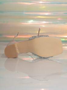 Women's New Fashionable Sparkling Rhinestone Apricot High Heel Shoes, Elegant For Party, Banquet, Versatile Square Toe Chunky Heel Sandals - Apricot - View 6