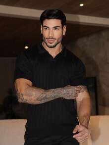 Men's Chic Lightweight Textured Knit Sweater Shirt, High Quality, Perfect For Autumn And Winter, Father's Day. - Black - View 6