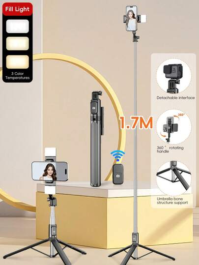 1.7-1m Bluetooth Selfie Stick, 10m Wireless Remote Control, 360° Rotatable Detachable Phone Holder, Reinforced Frame, Stable Tripod Stand, Live Streaming Gear, Alloy Material, Optional LED Light, Freely Extendable, Photography Assistant, Compatible With IPhone/Camera