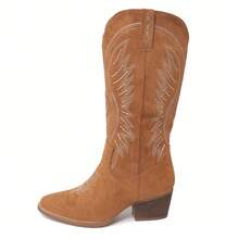 Women's Fashionable Solid Color Knee-High Suede Boots With Embroidery, Side Zipper, And Wedge Heels - 摩卡棕 - 查看 2