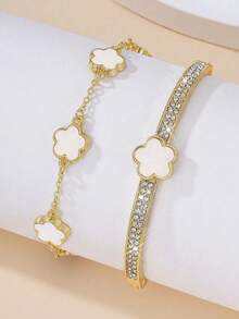 2件套时尚独特幸运五瓣花锆石手链和四叶草手镯组合，是送给女朋友生日/约会/情人节的理想礼物 - 白色 - 查看 5