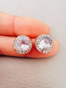 1 Pair Shiny Cubic Zirconia Stud Earrings, Classic Fully Paved Round Zirconia Earrings, Fashion Jewelry Accessories, Christmas Gift