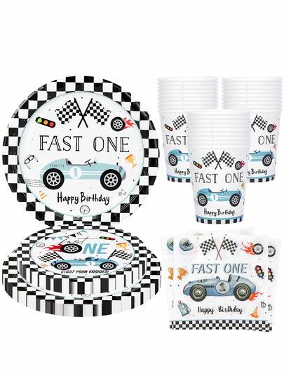 10件/20件蓝色“极速一岁”生日装饰套装，包含赛车主题纸盘、餐巾纸、杯子和餐具，适合男孩一周岁生日派对。