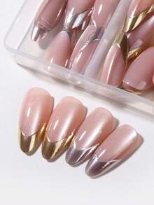 48片手工制作杏仁形3D凝胶美甲贴纸，打造猫眼美甲设计，银色法式和金色法式按压式美甲贴片，杏仁形完美贴合亚克力假指甲套装，包含：1片果冻凝胶和1个指甲锉，猫眼美甲和法式杏仁美甲，适合女性日常工作、节日、派对等场合。 - 彩色 - 查看 4