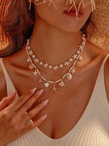 Set de 2 collares con estrella de mar, concha y perla, estilo costero, adecuado para uso diario de mujeres - Multicolor - Ver 1