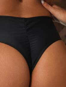 新款夏季女士褶皱高腰短裤，性感沙滩度假泳装 - 黑色 - 查看 5