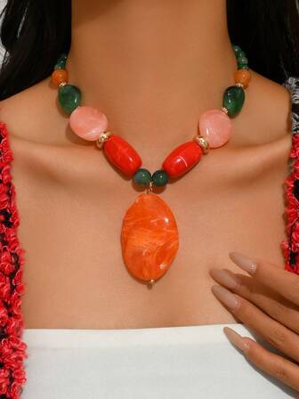 1pc High-End Elegant Sexy Bohemian Jade-Color Resin Block With Gold Nugget Asymmetrical CCB Beaded Necklace For Women, Featuring Faux Amber Beads, Dark Green Beads, Deep Red Floral Beads, Multi-Color Crackle Beads, And Leopard Print Oval Pendant, Handmade With Adjustable Length, Perfect For Parties, Weddings, Jewelry Gifts