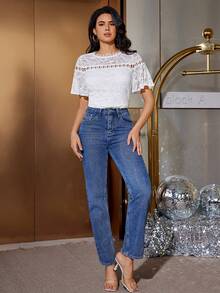 MIUSOL White Floral Lace Flare Sleeve Round Neck Fitted Blouse, Spring/Summer, Ruffle Trim Sleeve Top - White - View 7