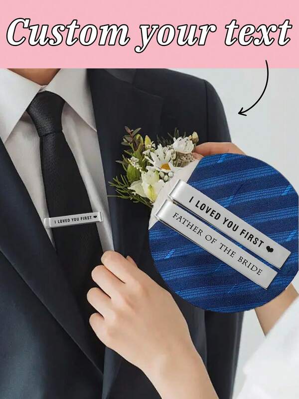 Personalized Custom Tie Clip For Father Of Bride/Groom​ – Hand-Stamped, Non-Engraved Tie Bar (2.5"*0.375") With Custom Text (E.G., "BROTHER/", "FATHER OF THE GROOM", "I LOVED YOU FIRST"). Ideal Wedding Gift For Fathers, Brothers, And Family Members. Perfect For Ceremonies, Receptions, And Family Photos.
