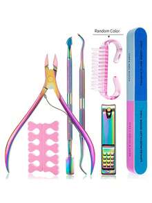 7件套美甲工具套装：指甲锉、角质钳、指甲分离器、角质修剪器、角质推、清洁刷、指甲提拉器，专业粉色美甲护理套装，精准修剪手指甲和脚趾甲，弧形刀刃，专业角质钳 - 彩色 - 查看 12