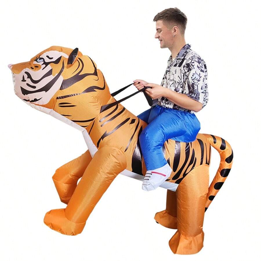 1pc Inflatable Tiger Costume, Unisex - Full Body Heart-Themed Fancy Dress, Suitable For Halloween, Carnival, Christmas And Various Events/Parties - Riding a Tiger - View 1