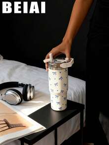 1pc 900ml Cute Bow Pattern Double Wall Stainless Steel Insulated Tumbler, Flat Bottom Cup, Coffee Cup, Car Cup, Cup, Water Bottle, Outdoor Water Bottle, Tea Cup, Vacuum Bottle, With Drinking Spout And Straw Design, Suitable For Outdoor, Office, Home, School, Car, Gym, Travel, Birthday Gift, Holiday Gift, Mother's Day Gift, Father's Day Gift, Back To School, Valentine's Day Gift - Multicolor - View 8