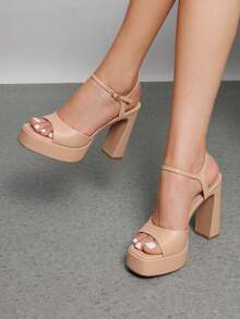 Women Chunky High Heeled Sandals 2026 New Spring Summer Sexy Open Toe Ankle Strap Super High Heel Sandals Suitable For Party Runway - 裸色 - 查看 2