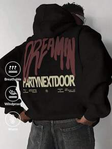 Camvyn Men's Letter Print Long Sleeve Pocket Drawstring Hoodie Sweatshirt, Casual For Autumn/Winter - Black - View 1