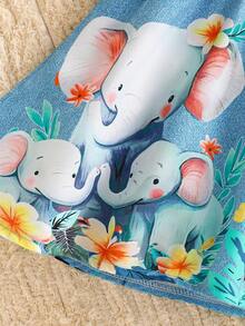 女童蓝色无袖卡通动物印花连衣裙+遮阳帽套装，可爱休闲夏季幼儿服装 - 藍色 - 查看 8