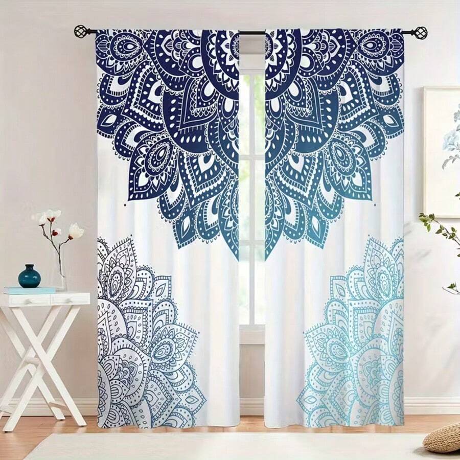 2 Stücke Farbverlauf Blau Mandala Blumen Ornament Dekorationen mit Kräuselband - ideal für Wohnzimmer & Schlafzimmer Dekoration, maschinenwaschbar - Verschiedenfarbig - Übersicht 1