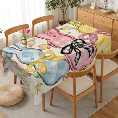 1pc Easter Cute Bowknot Rabbit Tablecloth, Colorful Egg Hand-Painted Style Decoration For Restaurant, Home, Creative Easter Party Gift, Rectangular Polyester Material, Washable And Reusable, Suitable For Daily Home, Dining Room, Living Room, Gatherings, Holiday Themed Parties, Indoor/Outdoor Use