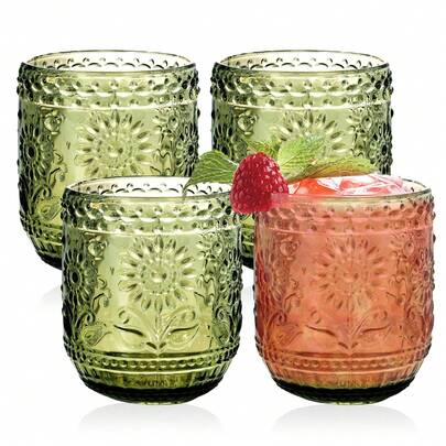 Vintage Botanist Drinking Glass Set Of 4 - 12oz Embossed Floral Green Glassware Set For Cocktail, Juice, Wine. Luxurious, Heavy-Base Design For Home Bar Or Decor
