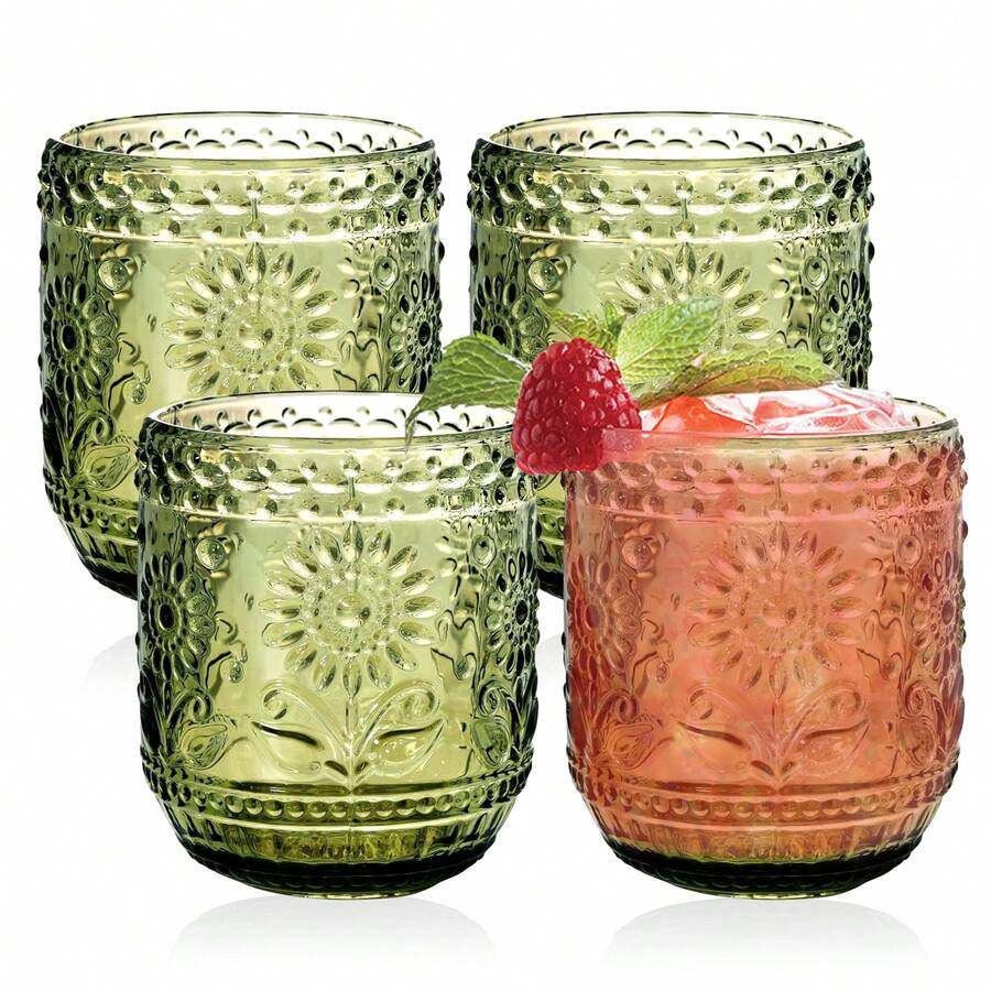 Vintage Botanist Drinking Glass Set Of 4 - 12oz Embossed Floral Green Glassware Set For Cocktail, Juice, Wine. Luxurious, Heavy-Base Design For Home Bar Or Decor - Màu xanh lá cây - 380ml - Xem 1