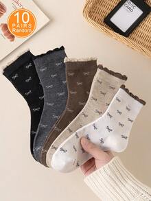 1/3/5/10 Pairs Of Women's Random Bow Solid Color Bubble Mouth Fashionable Mid Tube Socks, Soft, Comfortable, Breathable, Versatile, Cute And Casual In All Seasons, Suitable For Daily Outings And Gatherings - Multicolor - View 10