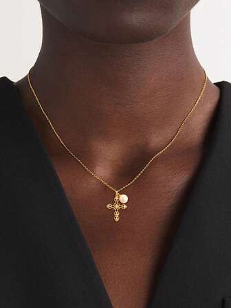 1pc S925 Sterling Silver Vintage Hollow Floral Cross Zirconia Pearl Pendant Necklace, Fashionable Luxurious Elegant Personalized Gold Color Necklace, Exquisite Gift For Girlfriend Or Best Friend