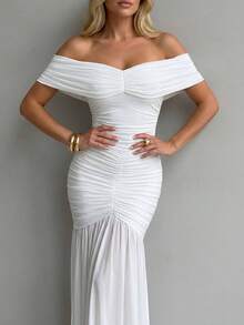 ChicMe Women's Off-Shoulder Ruched Maxi Dress, Sleeveless Fitted Mermaid Cocktail Party Gown - White - View 7