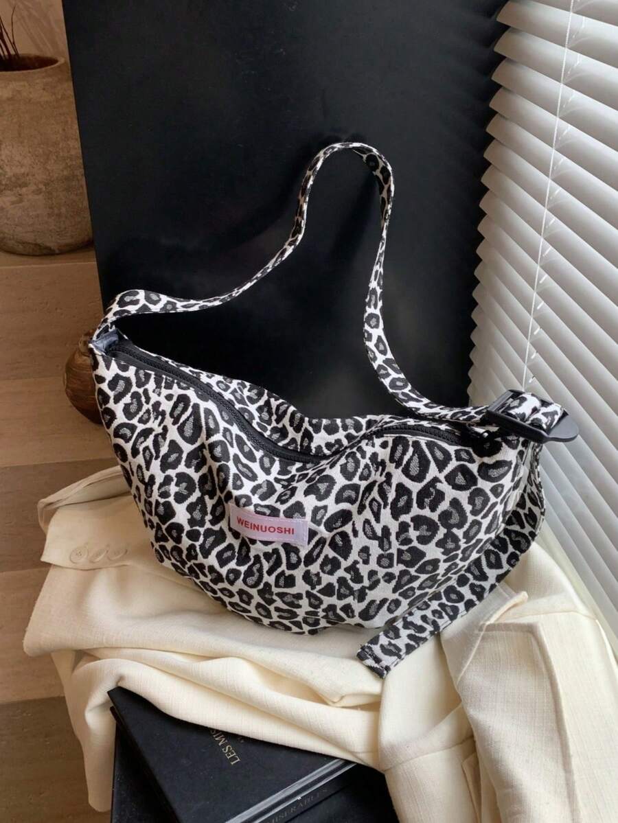 Tas Selempang Bulan Sabit Motif Leopard Kasual Modis untuk Komuter - Hitam - View 1