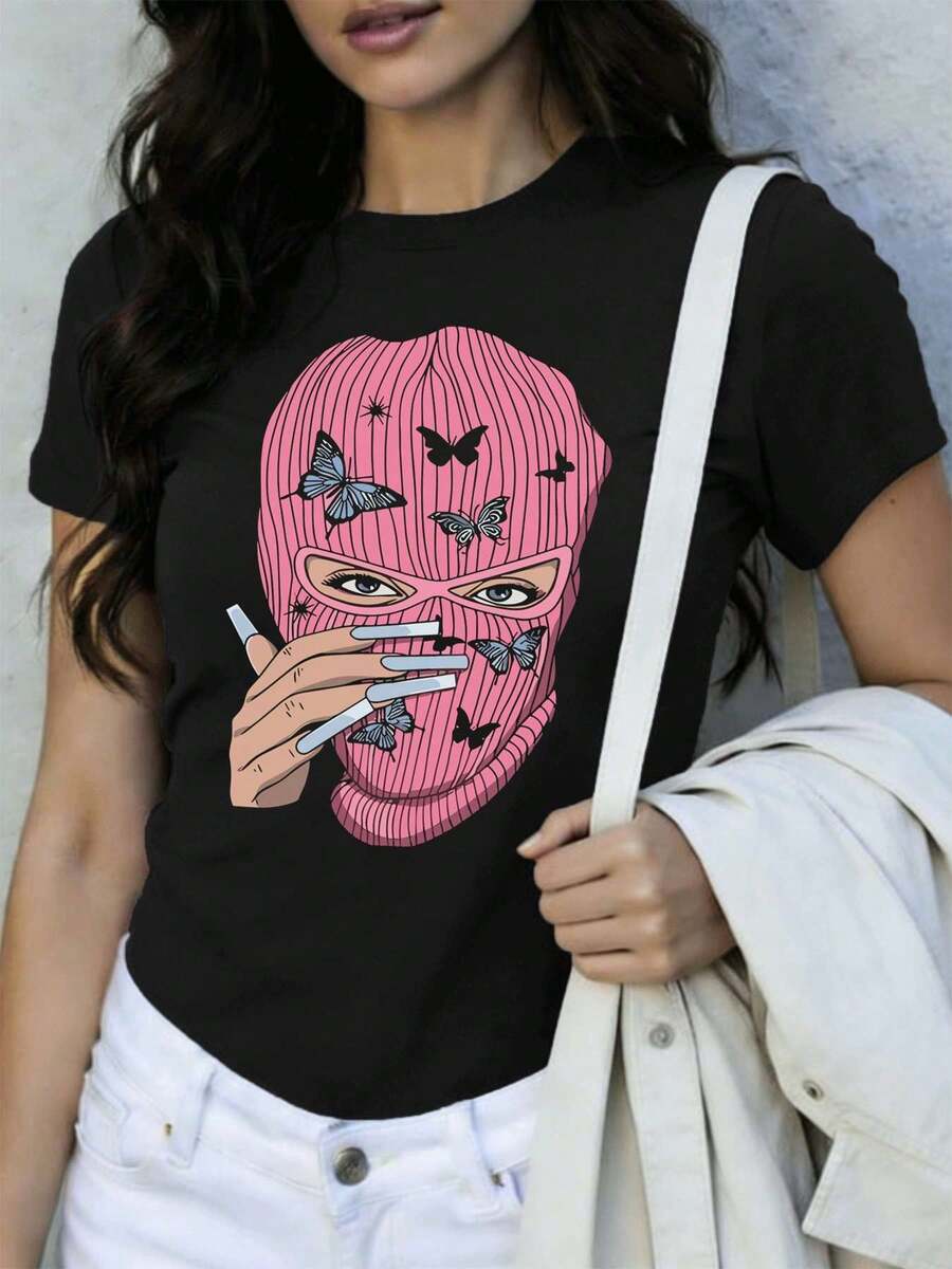 T-shirt streetwear con stampa a farfalla, realizzata in morbido cotone, vestibilità comoda, stile street hip-hop, comoda, design grafico - nero - Visualizzare 1