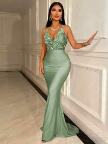 Đầm cưới CHOSMO màu đỏ hở lưng, dây mảnh đính sequin, phù hợp cho dạ hội tốt nghiệp, thanh lịch và sang trọng, dáng dài ôm sát, cạp cao, thích hợp cho tiệc mùa xuân. - Màu xanh Bạc hà - Xem 2