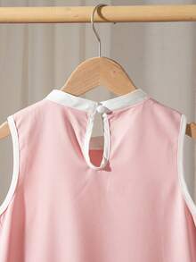 Girls' Casual Solid Color Sleeveless Knee-Length Dress With 3D Bow Decor And Keyhole Back, Suitable For Spring/Summer - Pink - View 5