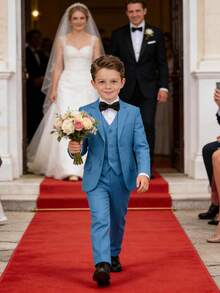 Boys' 5 Piece Slim Fit Suit Set - Toddler Kids Gentleman Formal Wedding Ring Bearer Outfit - Teal Blue(bowtie) - View 3
