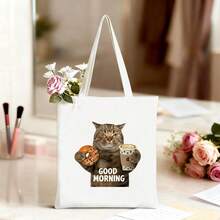 1pc Funny Cat, Donut & Coffee Print Canvas Tote Bag, Fabric Travel Handbag For Daily Use