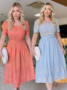 Set Of 2 Midi Dresses With 3D Embroidery, Viscose Linen Fabric, And Puff Sleeves For Women's Everyday Wear - Hồng / Xanh - Xem 8