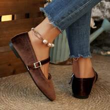 法式拼接平底玛丽珍鞋，系带设计，仿珍珠和天鹅绒材质，百搭时尚，夏季新品 - 咖啡色 - 查看 5