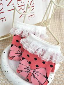 1 Pair Women's Pink Bow Polka Dot Pattern Lace Trim Cute & Versatile Mid-Calf Socks, New Arrival Spring/Summer - Pink - View 4