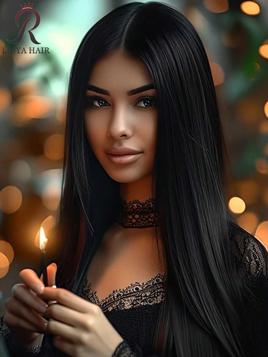 28 Inch Black Long Straight Synthetic Fiber Wig, Middle Part, Heat Resistant, Suitable For Daily Wear And Parties - Black - View 1