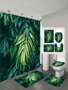 1pc/4pcs Southeast Asian Tropical Rainforest Green Plant Pattern Bathroom Set, Includes Shower Curtain, 4-Piece Set, Waterproof Shower Curtain, Anti-Slip Bath Mat