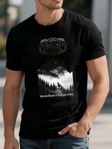 T-shirt nera con motivo foresta, cotone di prima qualità, vestibilità comoda, stile streetwear e hip-hop, elevato comfort, stampa accattivante - nero - Visualizzare 1