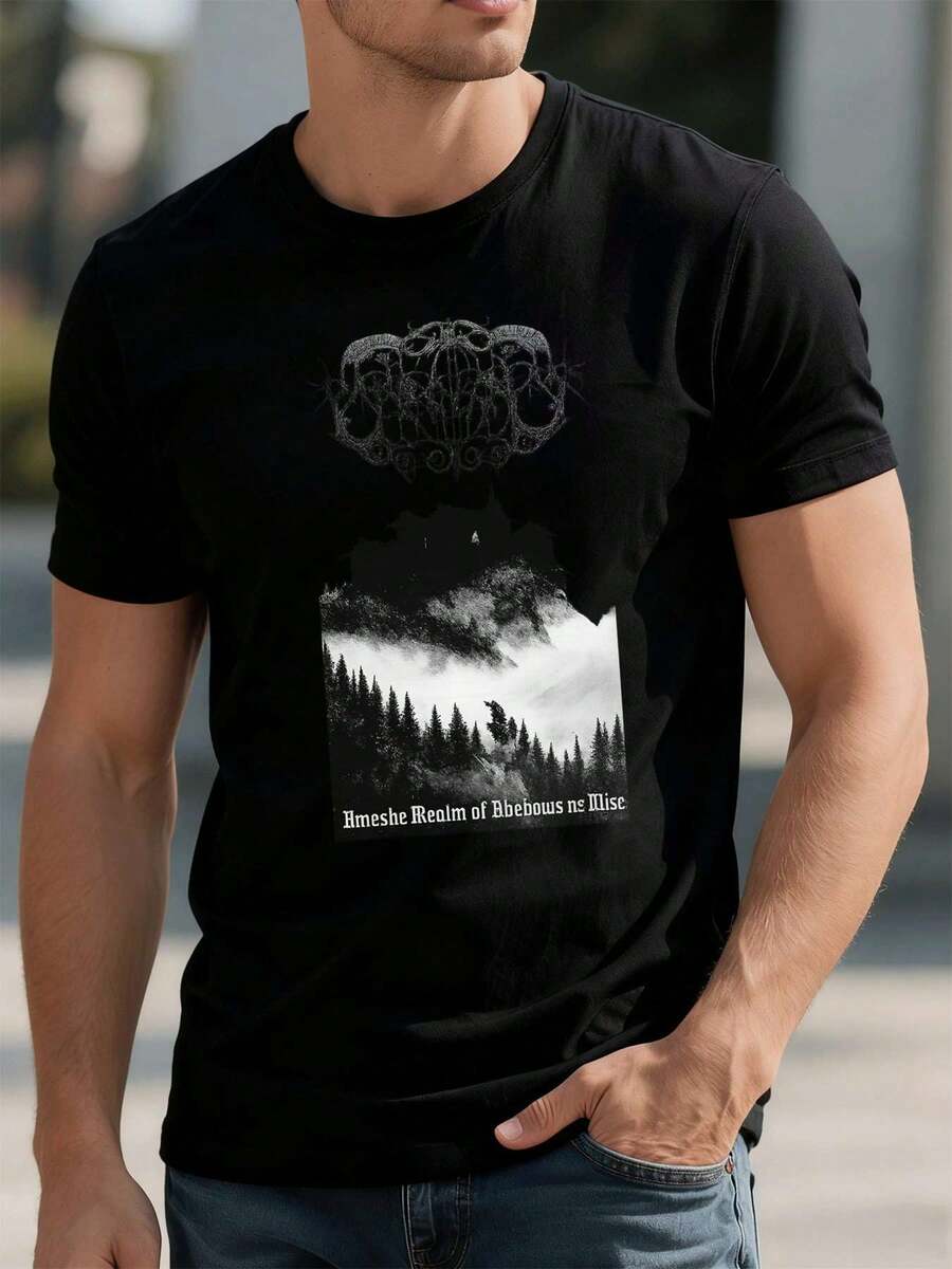 T-shirt nera con motivo foresta, cotone di prima qualità, vestibilità comoda, stile streetwear e hip-hop, elevato comfort, stampa accattivante - nero - Visualizzare 1