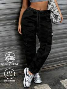 Hidkat Women's Camouflage Casual Cargo Pants, Featuring Large Patch Pockets, An Elastic Drawstring Waistband, And Ankle-Cuffed Design, Suitable For Daily Outdoor Casual Wear. - Ngụy trang đen - Xem 2
