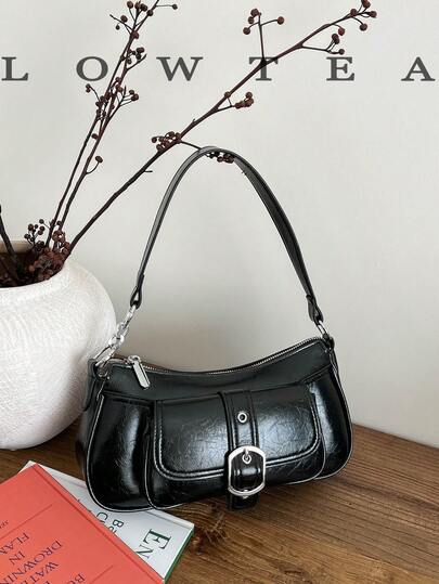 low tea 1pc Solid Color Glossy PU Leather Women's Fashion One Shoulder Saddle Bag, Underarm Bag, Baguette Bag With Metal Decor, Top Zipper Closure, Detachable Adjustable Shoulder Strap, Suitable For Daily Use