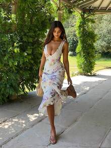 女士优雅连衣裙、女士休闲连衣裙、度假连衣裙、夏季连衣裙、白色碎花连衣裙 - 白色 - 查看 1