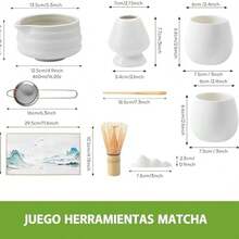 Kit de T Matcha Tradicional, Juego de Batidor de Matcha  Set de 9 Piezas con Tazn, Dos Tazas, Soporte, Tamiz de Acero Inoxidable, Con caja de regalo, ideal para regalar.(Blanco)