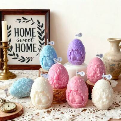 1pc 3D Floral Embossed Rabbit & Egg Scented Candle - Handmade Soy Wax Sculpture Candle, Suitable For Easter, Spring Home Decor, Bedroom, Party Centerpiece, Romantic Gift, Wedding Favor, Birthday Gift, Stress Relief (Easter Decor, Cute Gift Idea)