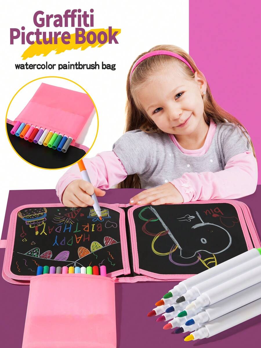 Children's Easter Bunny Chalkboard Doodle Book, Reusable Washable Drawing Pad With 12 Watercolor Pens, Portable Travel Early Education Art Toy, Easter Gift - Multicolor - View 1