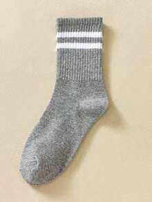 6双装三色黑、白、灰条纹中筒袜，男女通用，休闲运动长袜，适合搭配内衣裤，女性可外穿，学生运动长袜，条纹中筒袜（1/5/6双装） - 彩色 - 查看 4