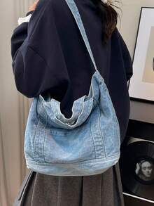 New Denim Fabric Women's Fashion Tote Bag, Large Capacity For Daily Casual, Commuting, Travel - Baby Blue - View 4