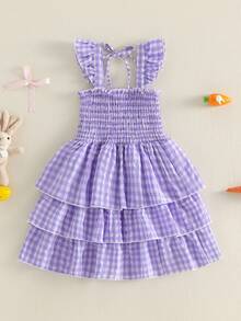 Toddler Baby Girl Easter Dress Smocked Flutter Sleeve Square Neck Rabbit Embroidery Plaid Tiered Birthday Party Dress Summer Clothes - Màu tím - Xem 2