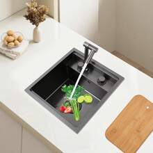 Hidden Kitchen Sink Single Bowl Folding Faucet W/ Drain Assembly Stainless Steel - Black - View 8