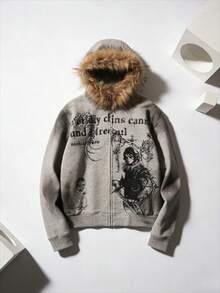 Men's  Hoodie  Vintage American Style Fur Trim Pullover, Unisex Streetwear Top - 灰色 - 查看 1